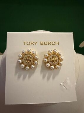 Tory Burch Gold and Pearl Logo Cluster Earrings